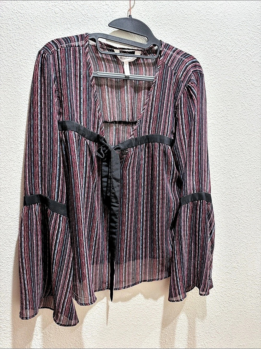 BCBGMAXAZRIA Striped Sheer Blouse in Black & Red and with a hint of blue.